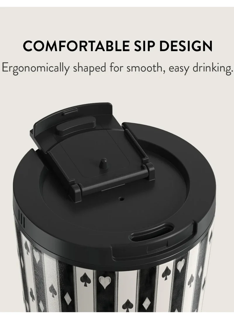 BURGA Queen's Court Stainless Steel Insulated Travel Mug with Playing Card Suits, Black and White Pattern, 17oz