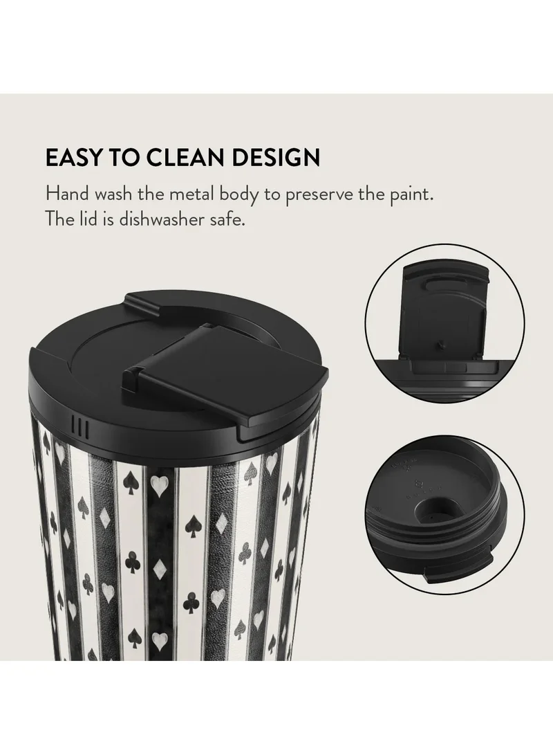 BURGA Queen's Court Stainless Steel Insulated Travel Mug with Playing Card Suits, Black and White Pattern, 17oz
