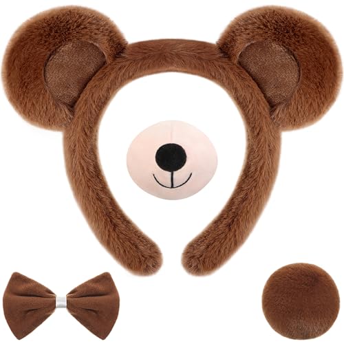 Harrycle Bear Cosplay Set Bear Ears Headband Bowtie Nose Tail for Carnival Costume SuppliesDark Brown - Image 1