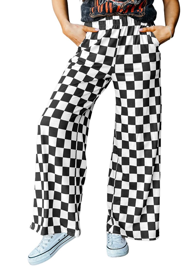 Acelitt Women's Casual Checkered Pants 2026 Spring Summer Lightweight Elastic Waist Comfy Loose Wide Leg Plaid Beach Pants Trousers Vacation Outfits Black Small - Image 1