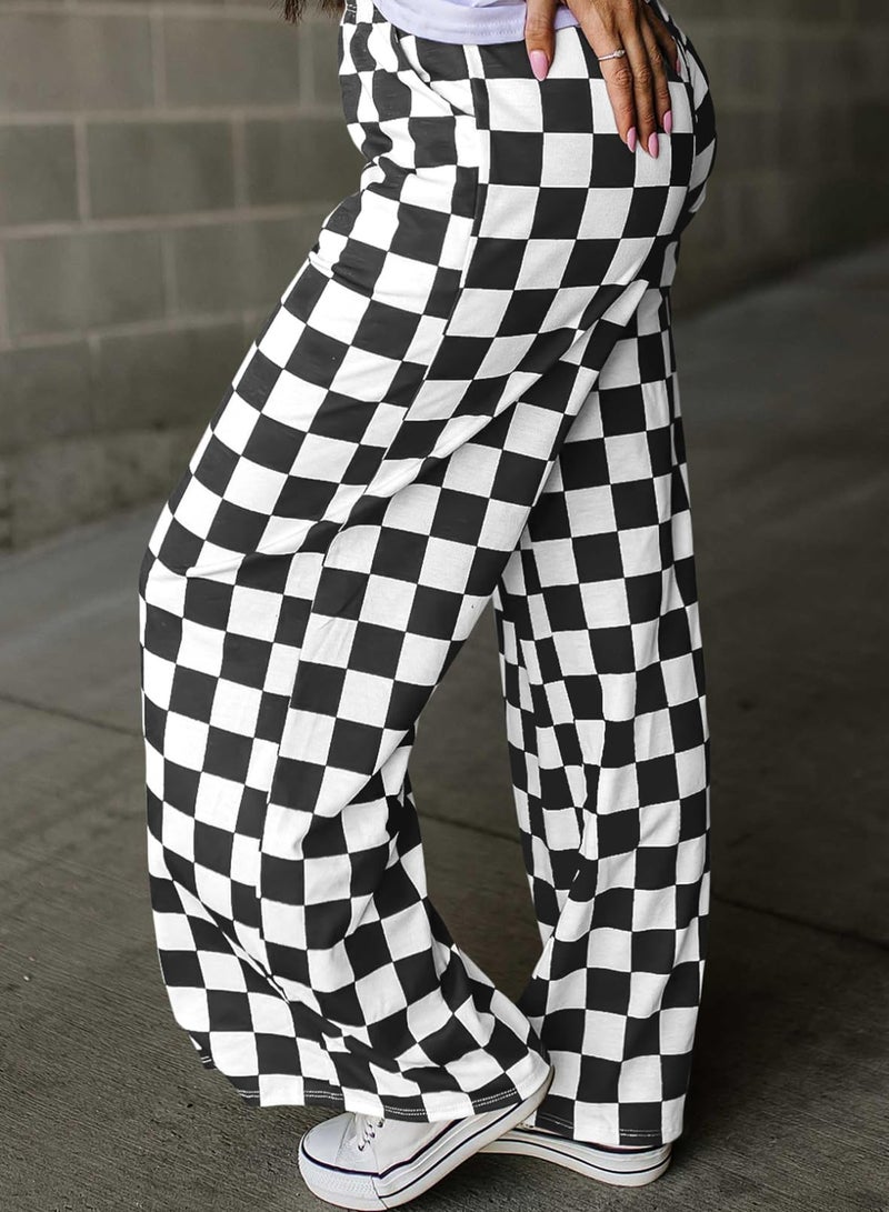 Acelitt Women's Casual Checkered Pants 2026 Spring Summer Lightweight Elastic Waist Comfy Loose Wide Leg Plaid Beach Pants Trousers Vacation Outfits Black Small - Image 3