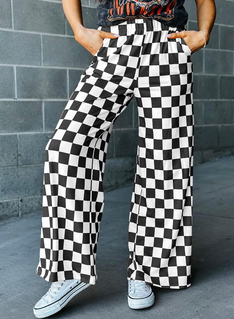 Acelitt Women's Casual Checkered Pants 2026 Spring Summer Lightweight Elastic Waist Comfy Loose Wide Leg Plaid Beach Pants Trousers Vacation Outfits Black Small - Image 4