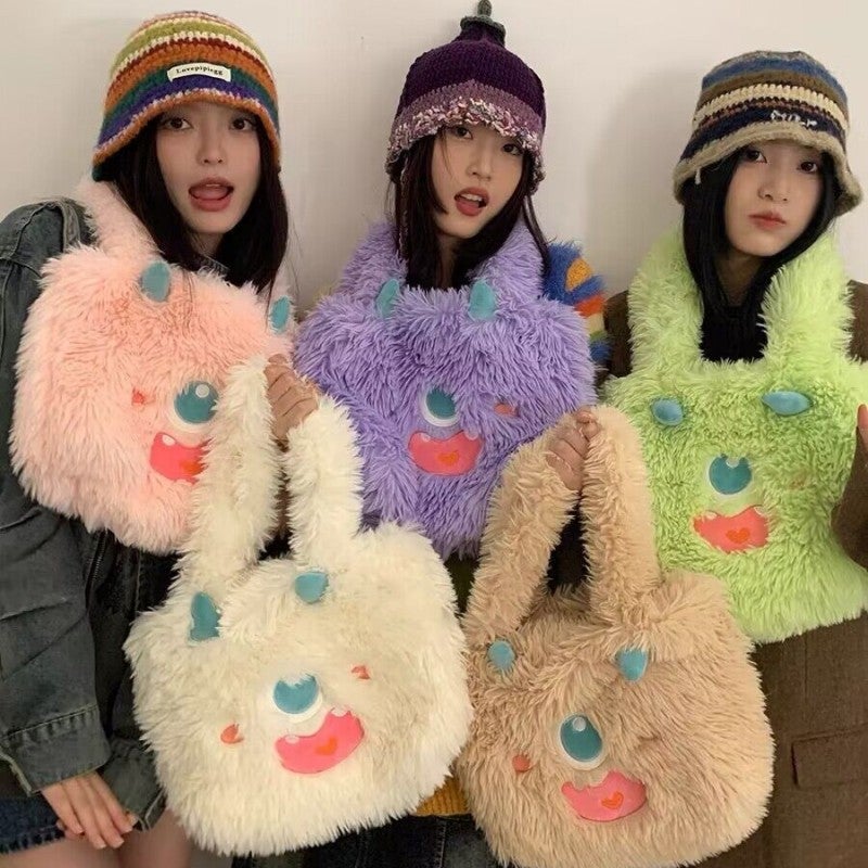 2023 New Cute Furry Portable Shoulder Bag Warm Thickened Versatile Cute Little Monster Plush Bag Fashion - Image 3