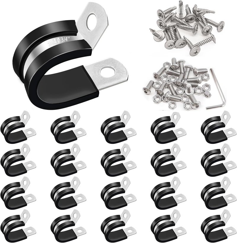 Taiss 40PCS 3/4 Inch Cable Clamps 304 Stainless Steel Rubber Cushion Insulated Wire Clamps,Loop Clamps,Metal Clamp,Pipe Clamps With two kinds of screws,(19mm) F-098-19mm - Image 1