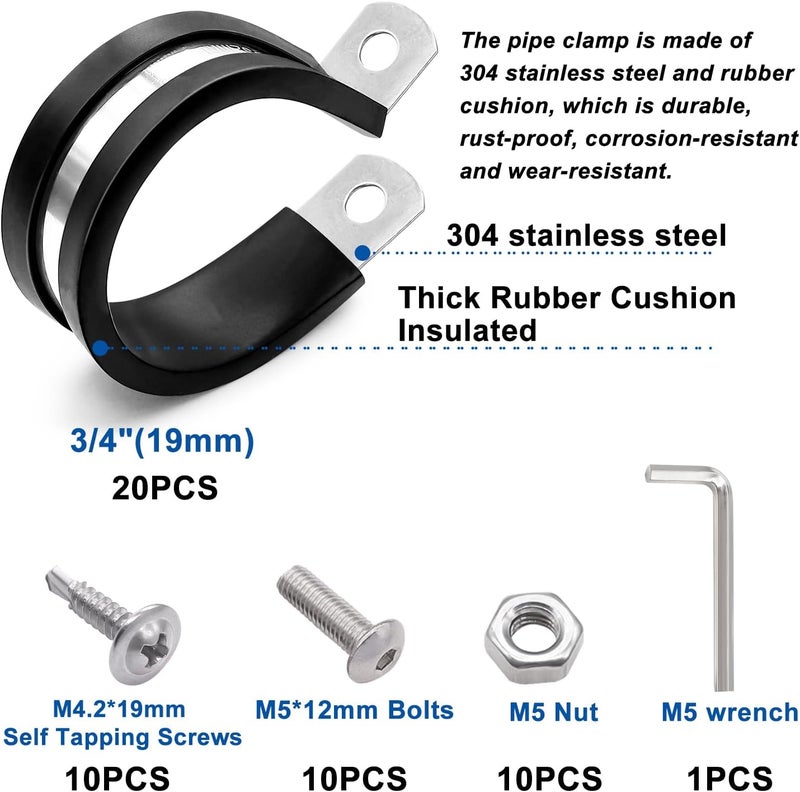 Taiss 40PCS 3/4 Inch Cable Clamps 304 Stainless Steel Rubber Cushion Insulated Wire Clamps,Loop Clamps,Metal Clamp,Pipe Clamps With two kinds of screws,(19mm) F-098-19mm - Image 2