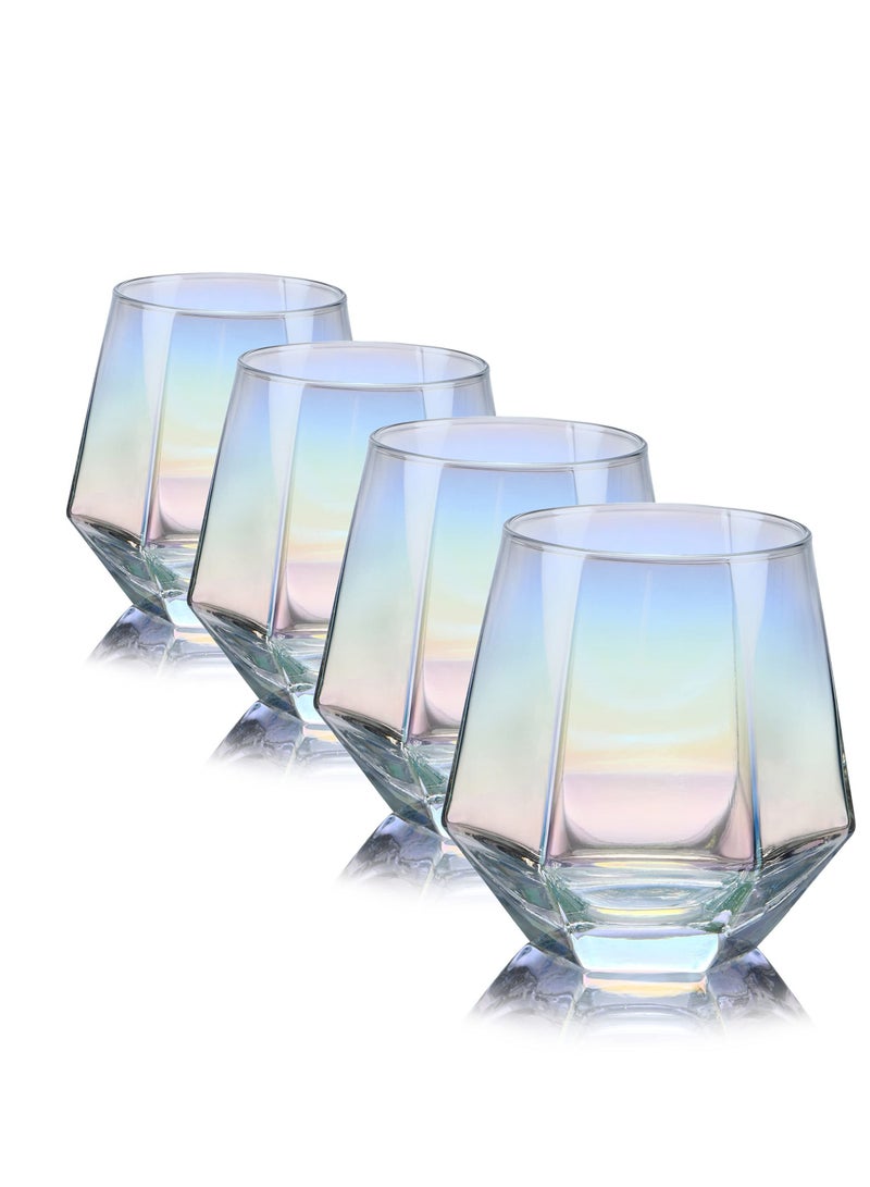 Colorful Diamond Stemless Wine Glass, 4 Piece Modern Rainbow Dazzling Frosted Hexagonal Glass Water Gold Whiskey Home Milk For Holding White Wine, Red Etc. - Image 1