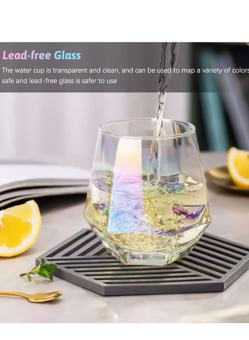 Colorful Diamond Stemless Wine Glass, 4 Piece Modern Rainbow Dazzling Frosted Hexagonal Glass Water Gold Whiskey Home Milk For Holding White Wine, Red Etc. - Image 3