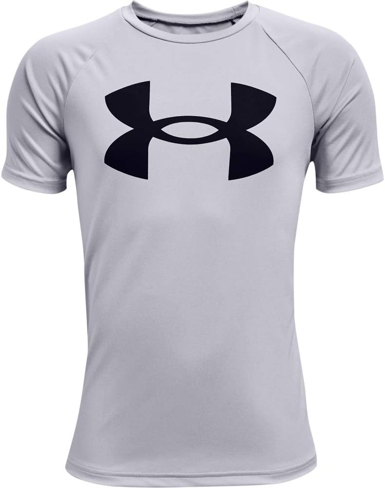 UNDER ARMOUR تي شيرت قصير الأكمام بشعار كبير من أندر أرمور للأولاد - رمادي فاتح/أسود، XL - Image 1