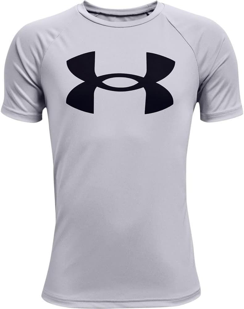 UNDER ARMOUR تي شيرت قصير الأكمام بشعار كبير من أندر أرمور للأولاد - رمادي فاتح/أسود، XL - Image 2