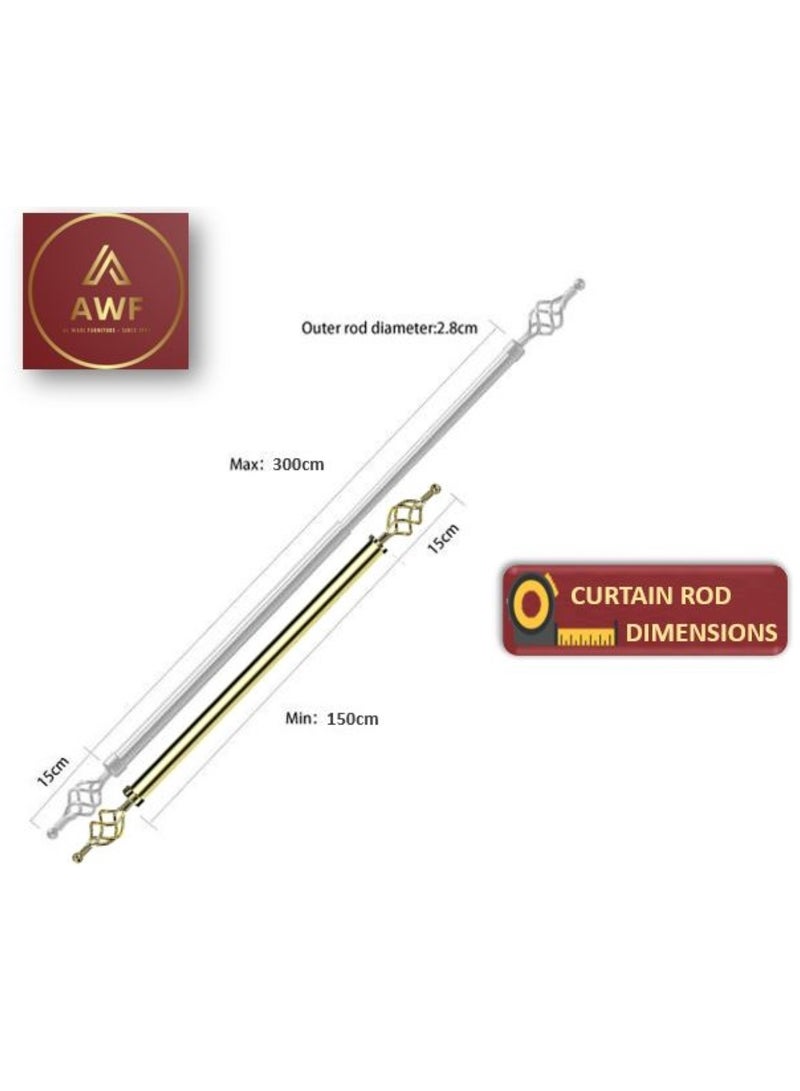 AL WADI FURNITURE Set of 2 Roman Pole Style Heavy Duty Luxury Extendable Curtain Rods, Metal Single Rods Finials Decorative End Window Treatment Rods Drapery Rods (GOLD, 150 – 300 cm) - Image 2