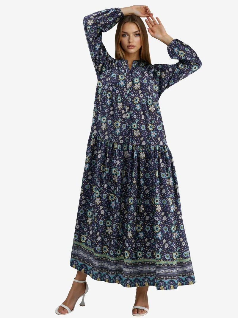 هيكاب Printed V-Neck Maxi Dress with Buttons