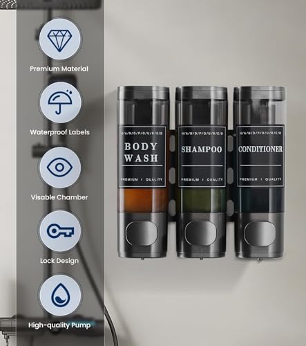 Cabo Deseado Shower Soap Dispenser Wall Mounted No Drill Shampoo Dispenser for Shower Wall Shampoo and Conditioner Dispenser Bathroom Hotel 3 * 300ml Gungray with Labels - Image 3