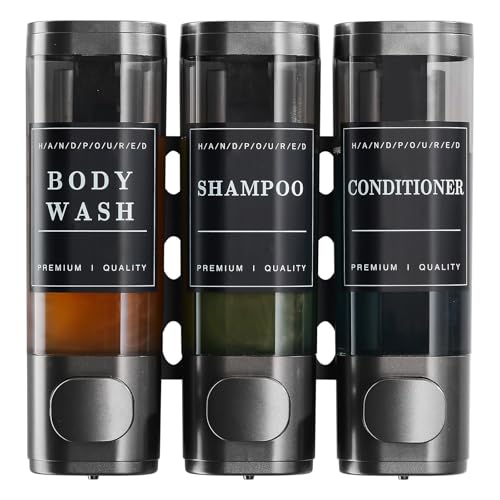 Cabo Deseado Shower Soap Dispenser Wall Mounted No Drill Shampoo Dispenser for Shower Wall Shampoo and Conditioner Dispenser Bathroom Hotel 3 * 300ml Gungray with Labels - Image 2