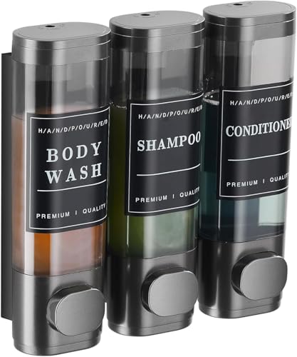 Cabo Deseado Shower Soap Dispenser Wall Mounted No Drill Shampoo Dispenser for Shower Wall Shampoo and Conditioner Dispenser Bathroom Hotel 3 * 300ml Gungray with Labels - Image 1