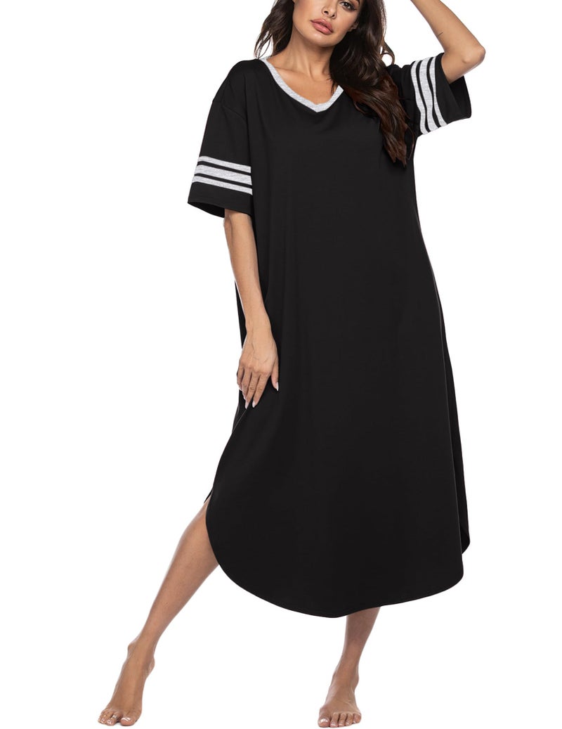 Ekouaer Long Nightgown, Womens V Neck Loungewear Oversized Sleepwear Loose Sleep Dress S-4XL Black - Image 1