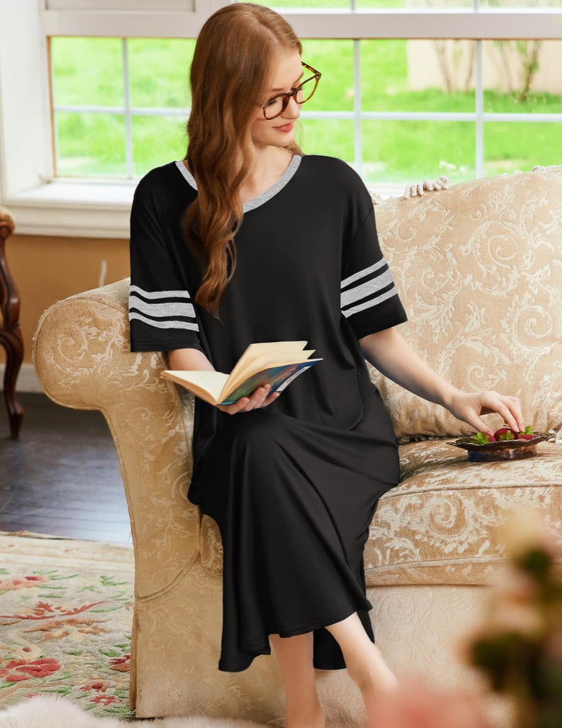 Ekouaer Long Nightgown, Womens V Neck Loungewear Oversized Sleepwear Loose Sleep Dress S-4XL Black - Image 5