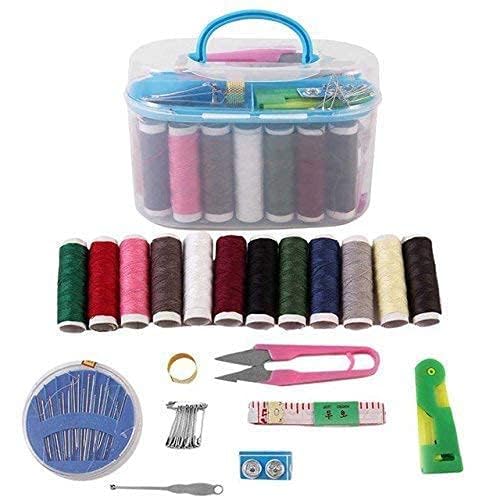 RIVUGJA Double Layer Small Portable Travel Sewing Kits Box with Color Needle Threads Scissor pin Hand Work Sewing Box Handwork Sewing Accessories