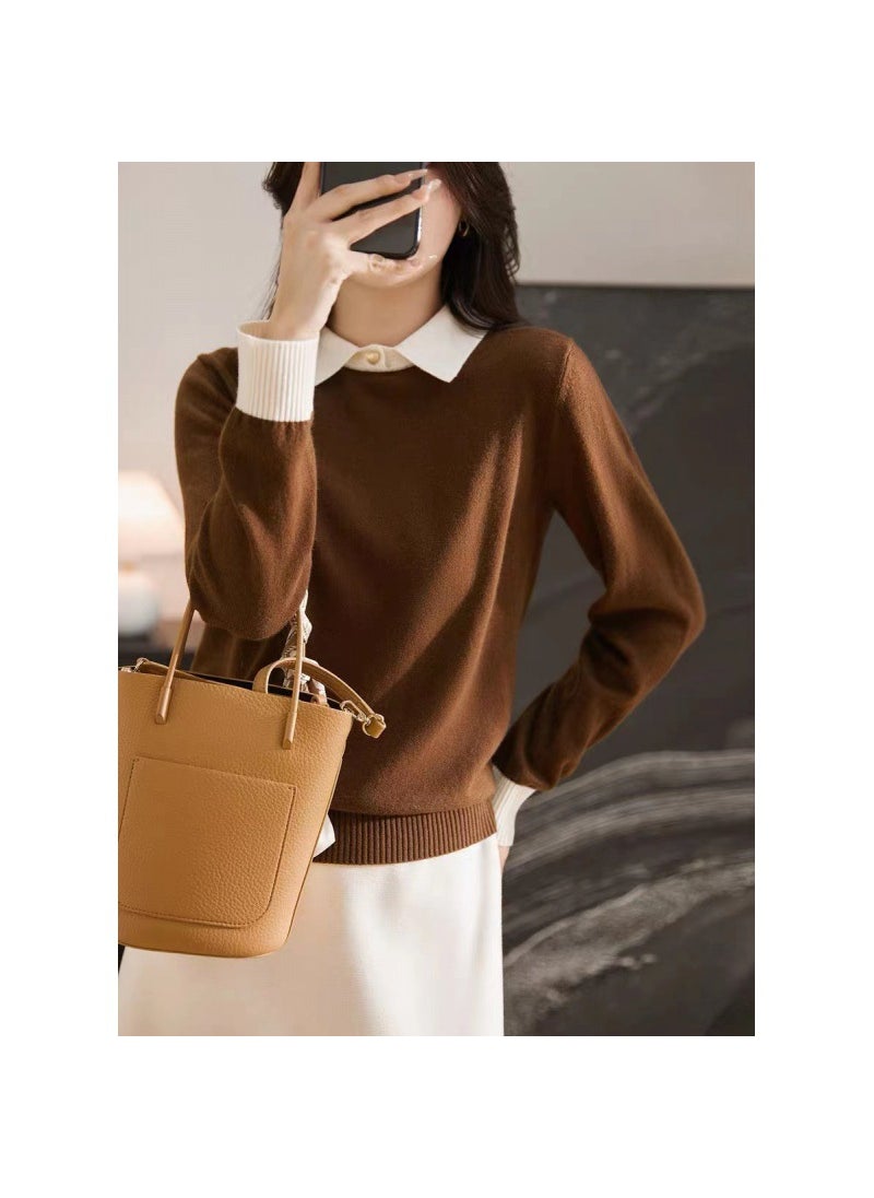 Generic - 2024 Elegant Color Blocking Lapel Knit Sweater Womens Autumn/winter Full Wool Pullover Sweater Collar coffee - Image 1