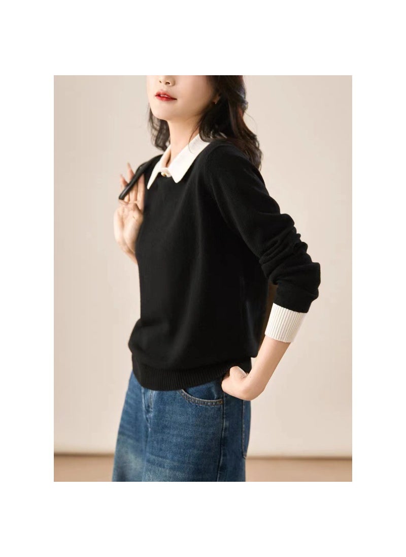 Generic - 2024 Elegant Color Blocking Lapel Knit Sweater Womens Autumn/winter Full Wool Pullover Sweater Collar coffee - Image 1