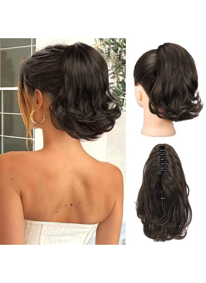 KooKaStyle Ponytail Extension 10 Short Claw Clip In Pony Tails Hair Extensions Curly Wavy Synthetic Drawstring Ponytail Hair Pieces For Women Girls Dark Brown  - Image 1