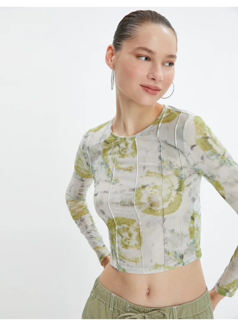 كوتون Batik Patterned Crop T-Shirt Long Sleeve Crew Neck with Stitching Detail