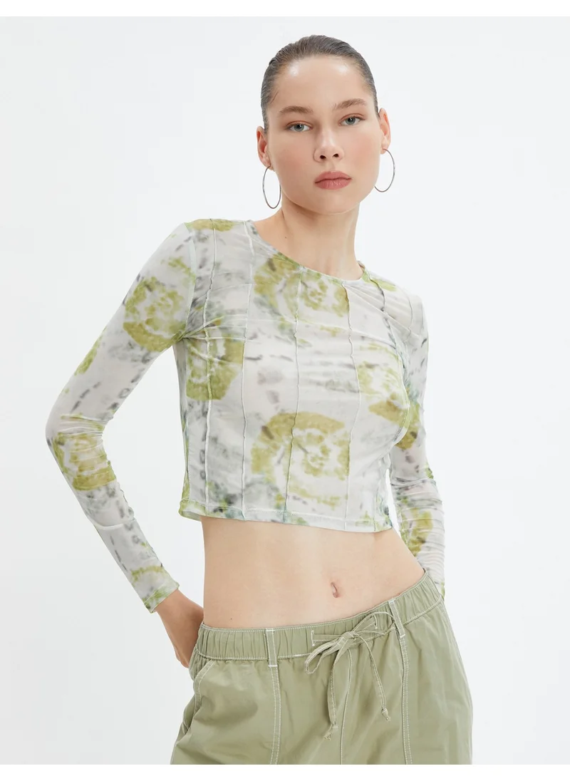 كوتون Batik Patterned Crop T-Shirt Long Sleeve Crew Neck with Stitching Detail