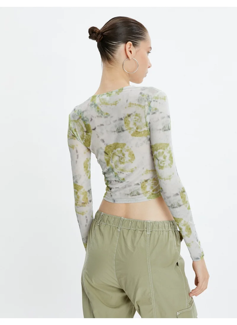 كوتون Batik Patterned Crop T-Shirt Long Sleeve Crew Neck with Stitching Detail