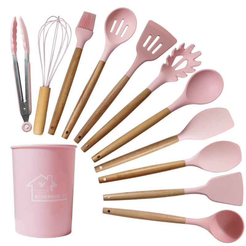 Food grade silicone spatula non-stick special high temperature resistant kitchen spatula cooking spatula does not hurt the pan frying spoon suit Pink 