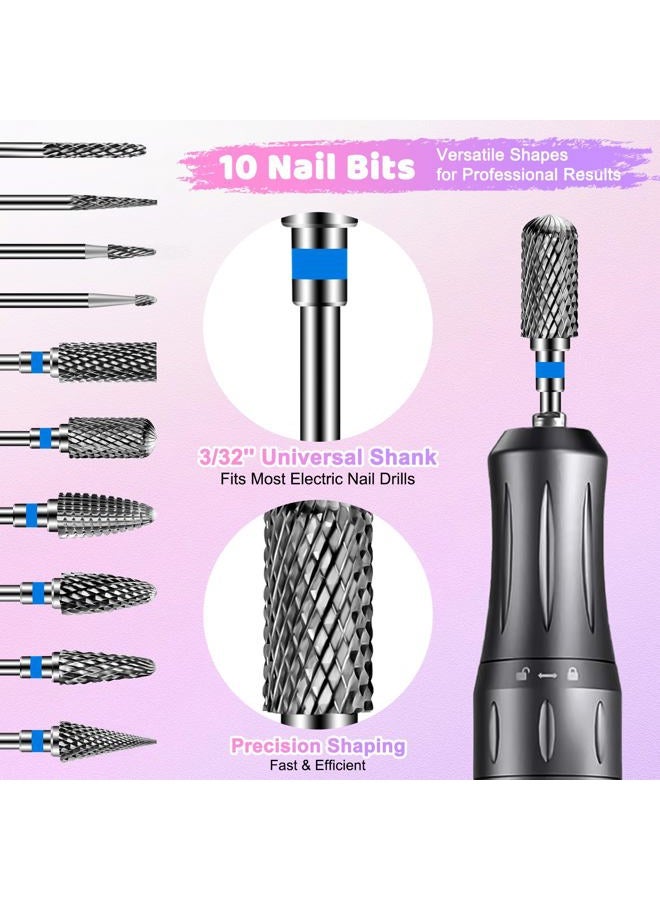 CGBE Nail Drill Bits Set: 10PCS Tungsten Carbide Nail Drill Bits for Acrylic Nails, 3/32'' Shank Professional Nail Bits for Nail Drill Cuticle Drill Bit for Home Salon Nail Enthusiasts Manicurist - Image 2