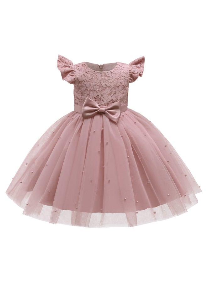 New Girls Princess Dress Bow Pearl Performance Dress Small And Medium-sized Children's Wedding Dress Flower Girl Birthday Dress