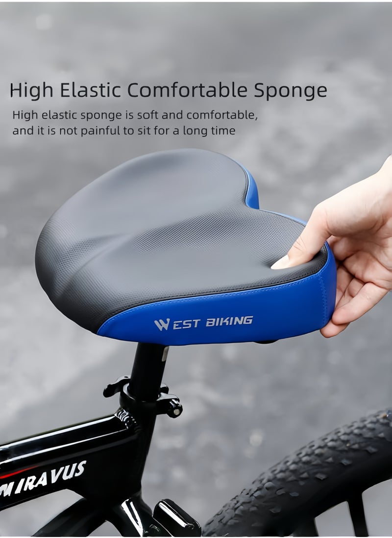 WEST BIKING Oversized Noseless Bike Seat Double Shock Absorption Bicycle Saddle Soft and Elastic Bicycle Seat for Bicycle,Electric Bicycle,Folding Bicycle, Black and Blue , 26*21*5.5 CM  - Image 3