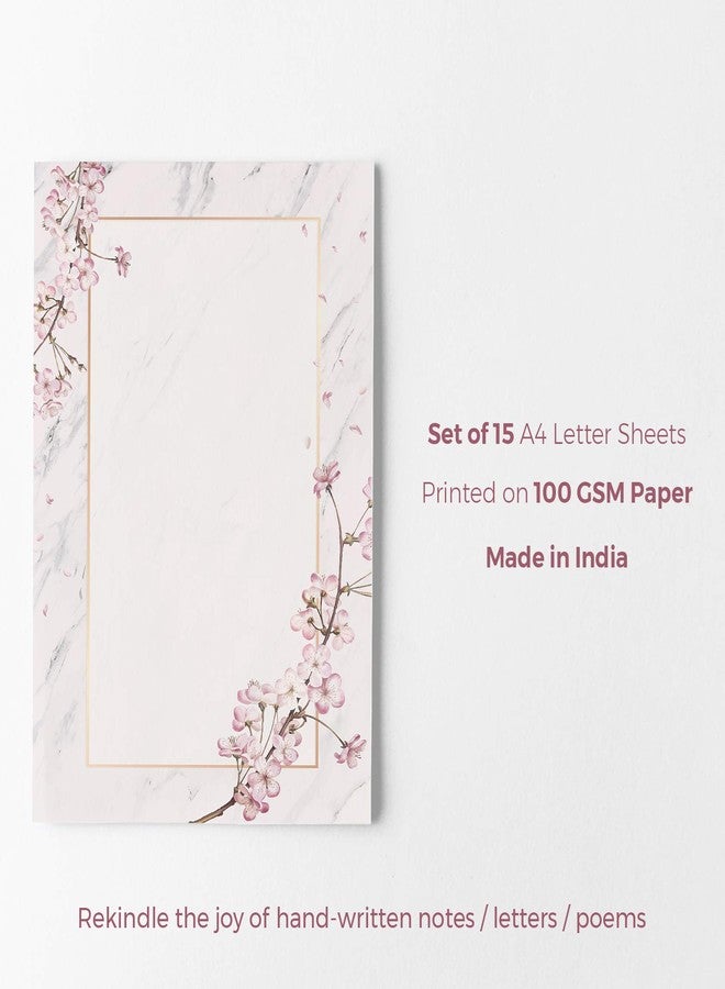 alterEgo (Pack of 15) - A4 Letter Stationery Paper for Writing Poems, Letters and Lyrics (with Complimentary Kraft Envelopes) (Design: Cherry Blossom) - Image 2