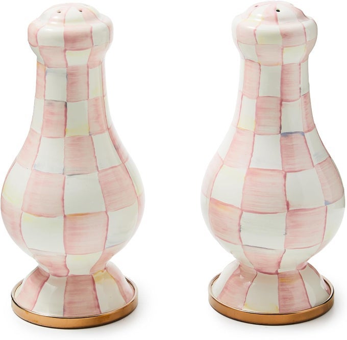 MACKENZIECHILDS ENAMEL SALT AND PEPPER SHAKERS KITCHEN TABLE SPICE SHAKER SET PINKANDWHITE ROSY CHECK LARGE