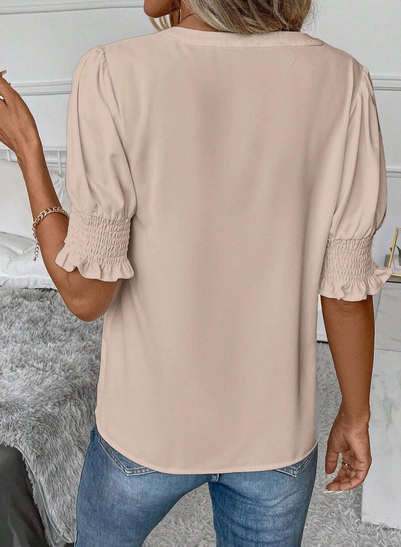 Shougu New V-neck Style Bubble Sleeve Solid Color Shirt Women's Top  - Image 3