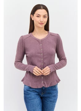 Black Tape Women Round Neck Long Sleeve Ribbed Top, Mauve  - Image 1