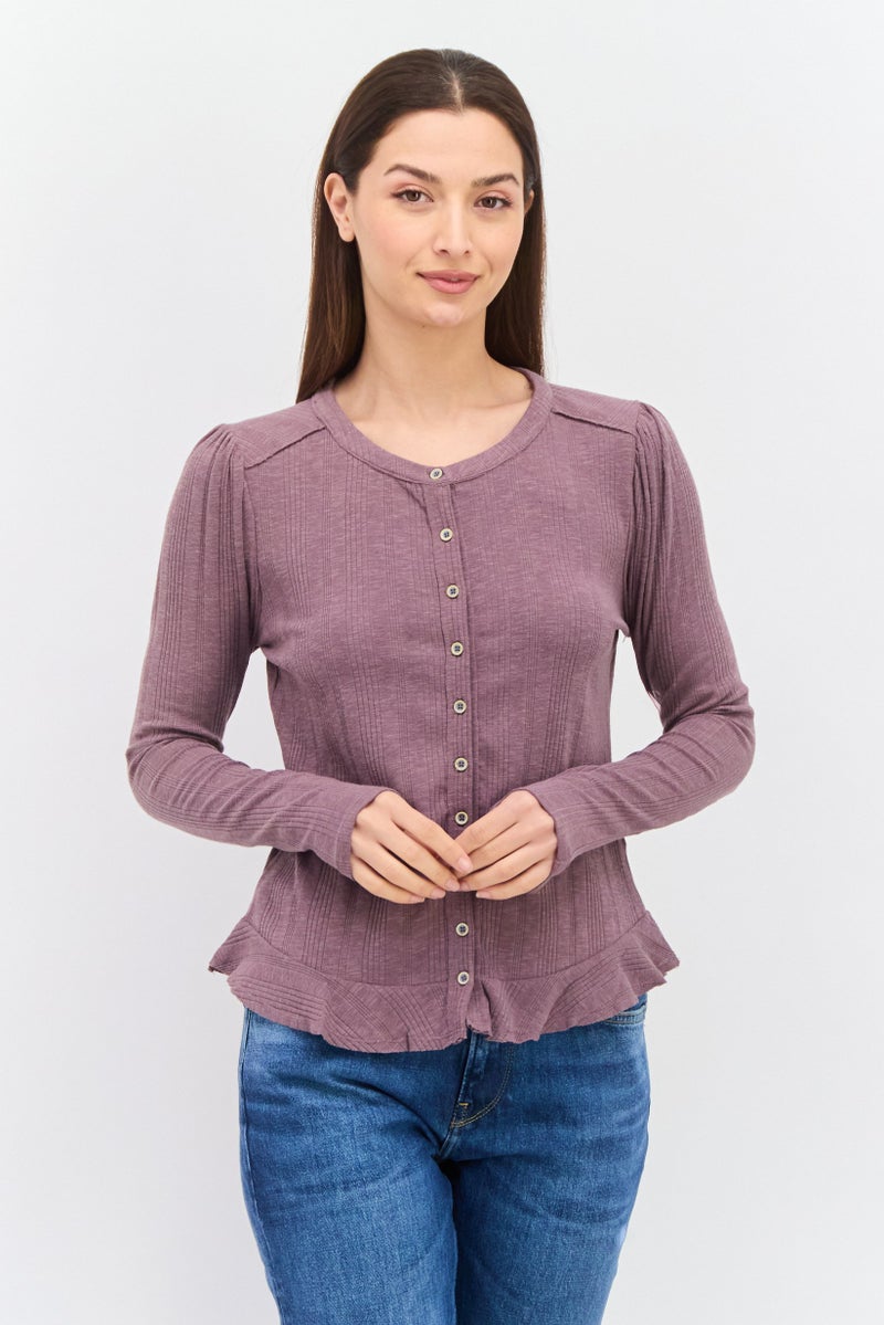 Black Tape Women Round Neck Long Sleeve Ribbed Top, Mauve  - Image 1