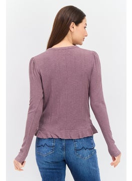 Black Tape Women Round Neck Long Sleeve Ribbed Top, Mauve  - Image 3