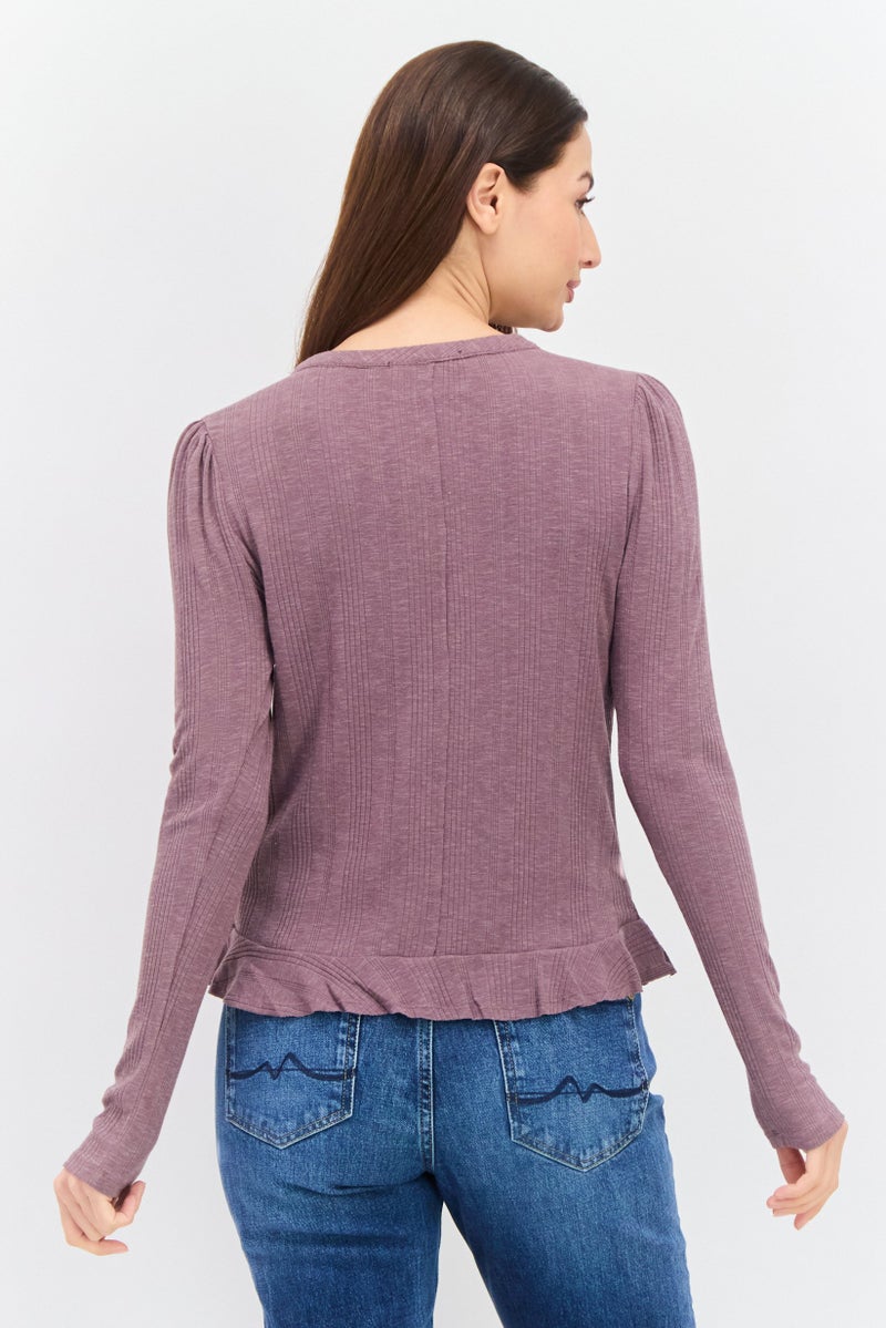 Black Tape Women Round Neck Long Sleeve Ribbed Top, Mauve  - Image 3