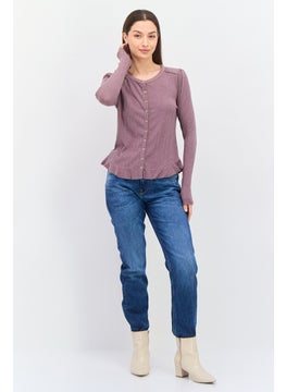 Black Tape Women Round Neck Long Sleeve Ribbed Top, Mauve  - Image 4