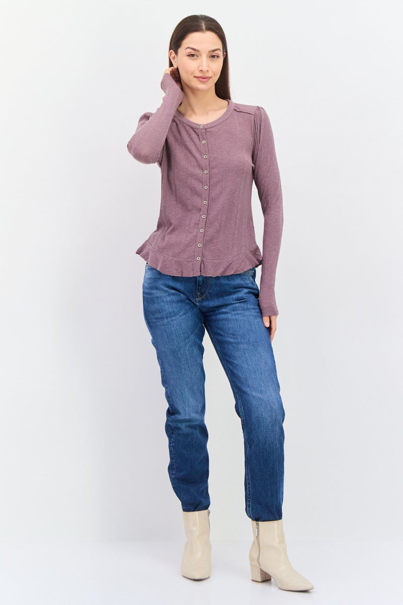Black Tape Women Round Neck Long Sleeve Ribbed Top, Mauve  - Image 4