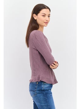 Black Tape Women Round Neck Long Sleeve Ribbed Top, Mauve  - Image 2