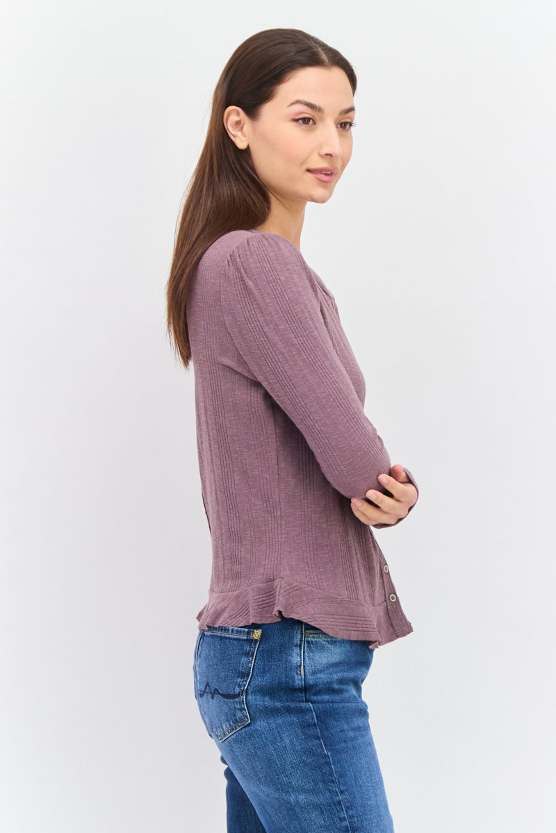 Black Tape Women Round Neck Long Sleeve Ribbed Top, Mauve  - Image 2