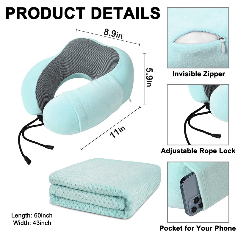 urnexttour Travel Pillow and Blanket Set Neck Pillows Soft Blankets with Sleep Mask Travel Essentials for Airplane Car Memory Foam Blue Green - Image 4
