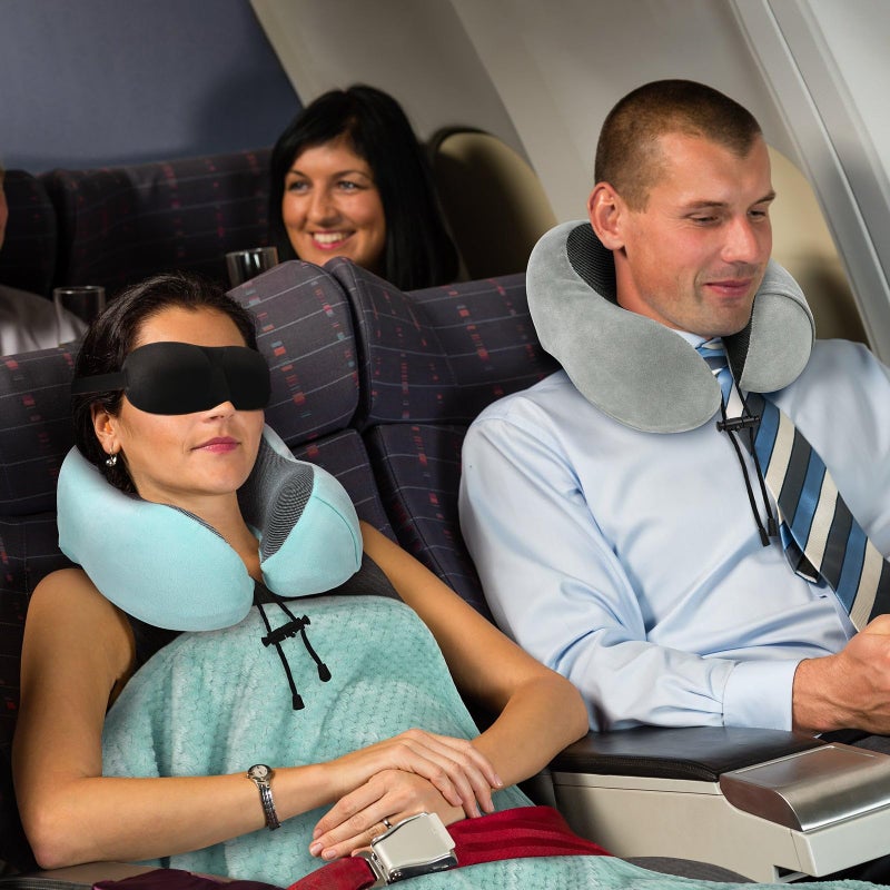 urnexttour Travel Pillow and Blanket Set Neck Pillows Soft Blankets with Sleep Mask Travel Essentials for Airplane Car Memory Foam Blue Green - Image 5