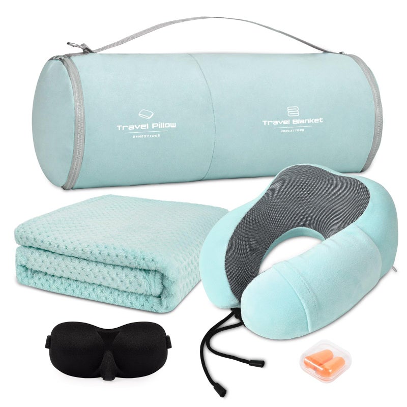 urnexttour Travel Pillow and Blanket Set Neck Pillows Soft Blankets with Sleep Mask Travel Essentials for Airplane Car Memory Foam Blue Green - Image 1