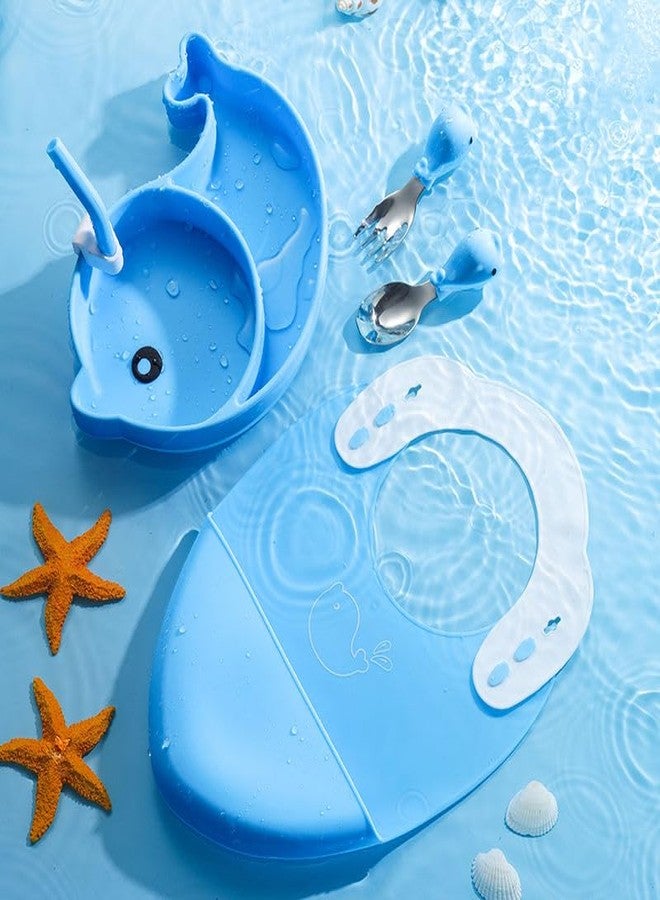 PRECHANA Suction Feedingplates For Babies, Silicone Feedingplates With Suction Divided, Babies Spoon Fork Set For Toddler Baby Dishes Kids (Dolphine), Multicolor - Image 1