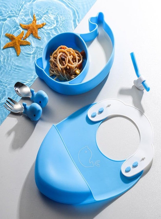 PRECHANA Suction Feedingplates For Babies, Silicone Feedingplates With Suction Divided, Babies Spoon Fork Set For Toddler Baby Dishes Kids (Dolphine), Multicolor - Image 3
