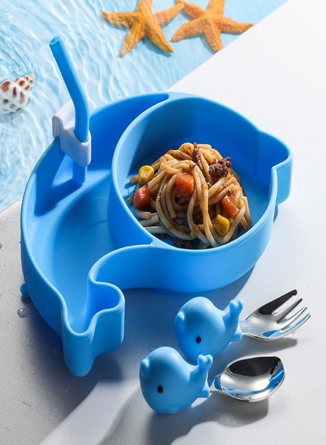 PRECHANA Suction Feedingplates For Babies, Silicone Feedingplates With Suction Divided, Babies Spoon Fork Set For Toddler Baby Dishes Kids (Dolphine), Multicolor - Image 5
