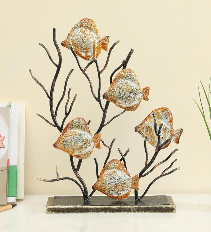 Multicolor Metal MDF Beli Fish Family Antique Statue Figurine Table Top for Living Room Bedroom Hallway Dining Room Hotel Showpeice for Home Desk Decor Sizes 15 x 18 inches
