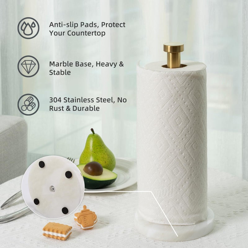 Koville African Genuine Marble Paper Towel Holder Countertop, 6" Stone Base Gold Rod Paper Towel Holder Stand for Kitchen Storage, for Standard or Jumbo-Sized Rolls - Image 2